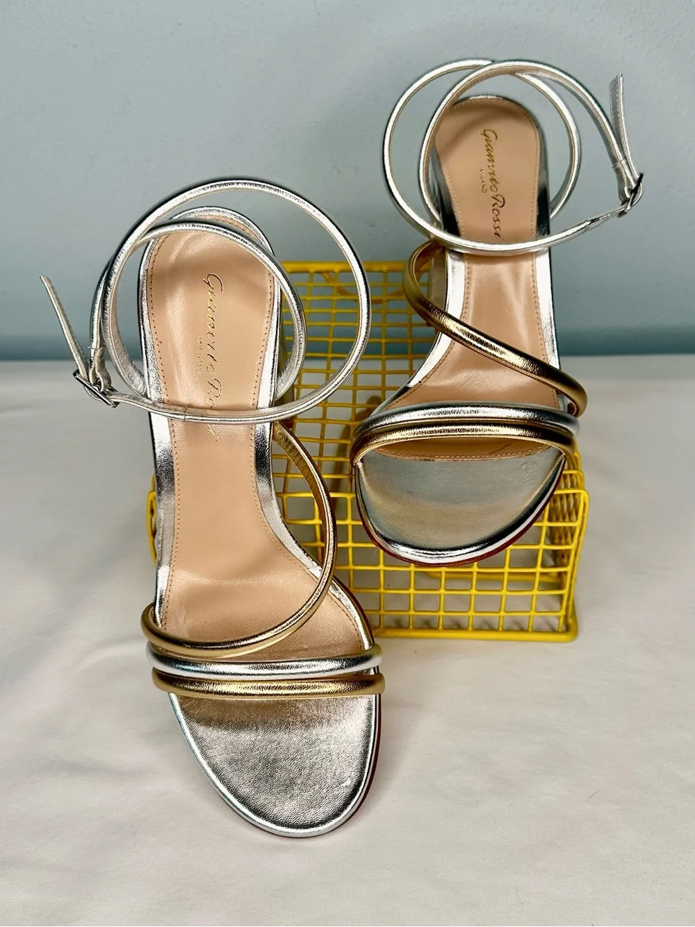 Gianvito Rossi Silver & Gold Metallic Block Heel Sandals